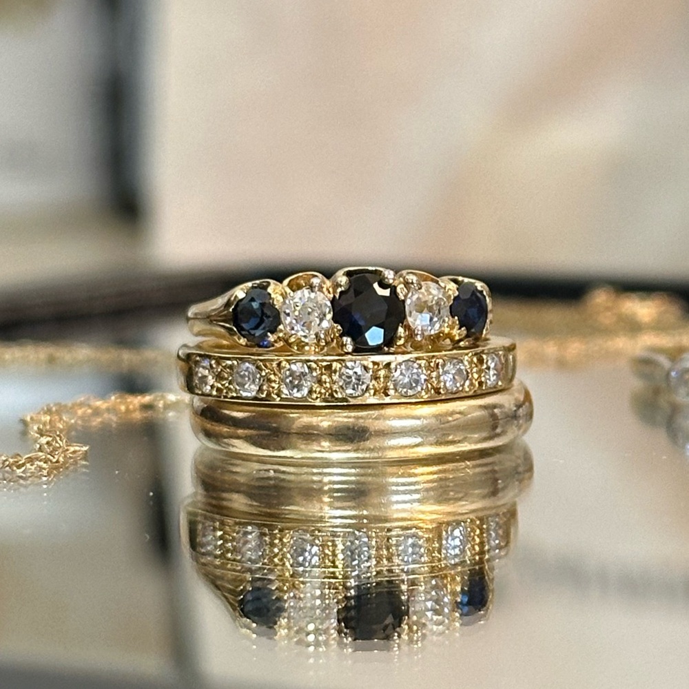 Antique 18K Gold Sapphire & Old Mine Diamond Victorian 5-Stone Ring Size 5.5 - Picture 14 of 15